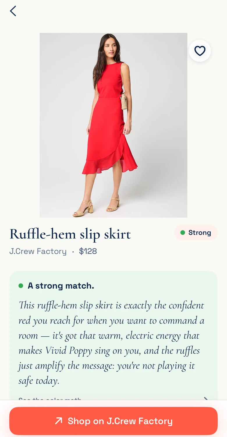 The SYS iOS app scoring a J.Crew Factory dress as a strong match, with the honest why in plain language