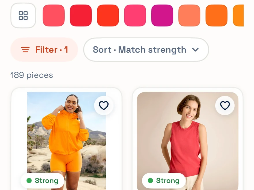 The SYS iOS app Shop feed — 189 pieces scored against the palette, each with a Strong or Close verdict chip