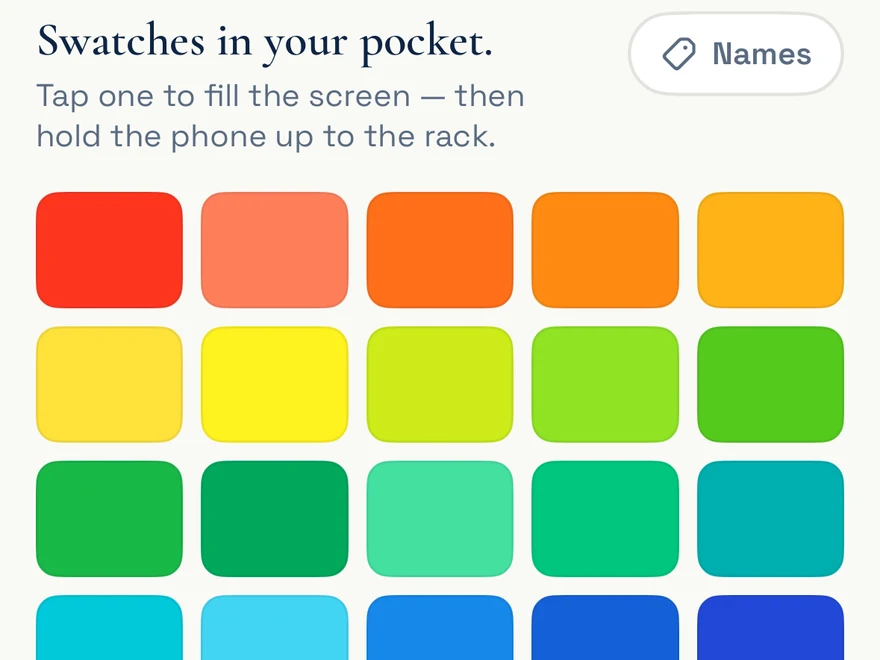 The SYS iOS app Swatches screen — a Bright Spring palette as a grid of tappable color chips