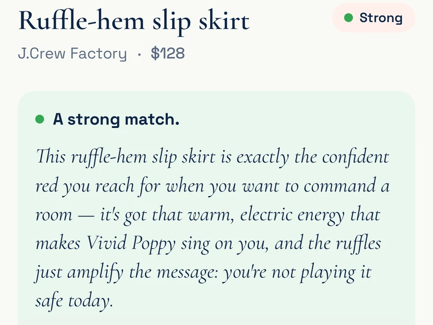 The SYS iOS app match card — a strong-match verdict on a J.Crew Factory dress with the honest why in plain language