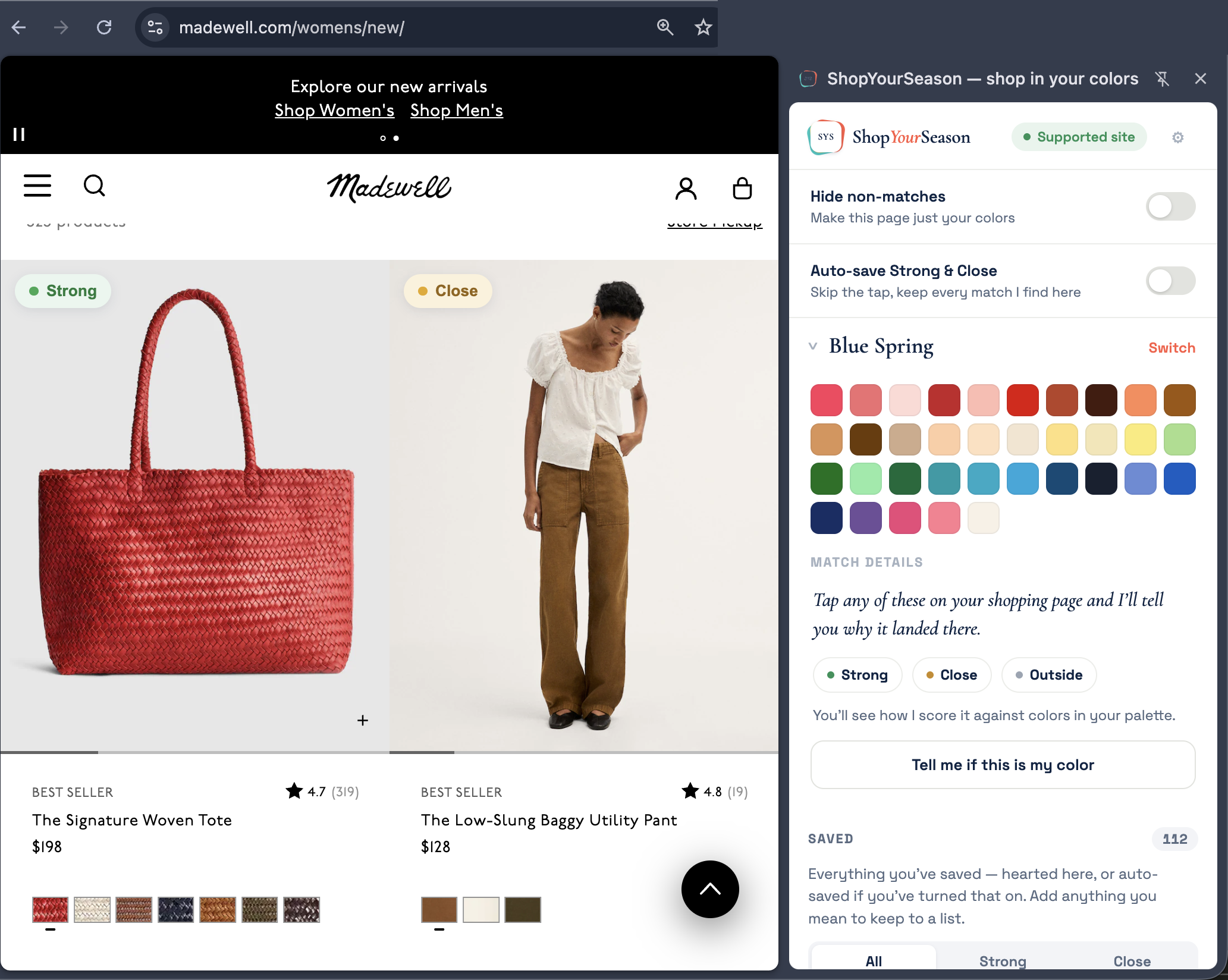 The SYS panel scoring a retailer's page — verdict chips on every item